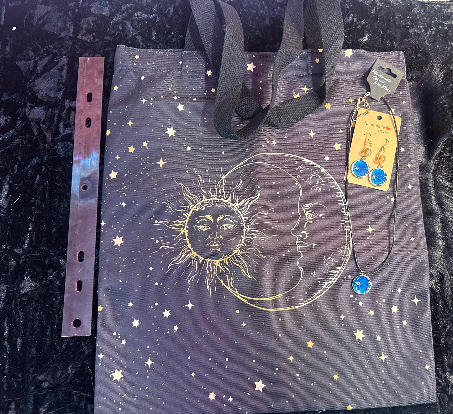 Large Cosmic tote w handmade full moon earrings and necklace