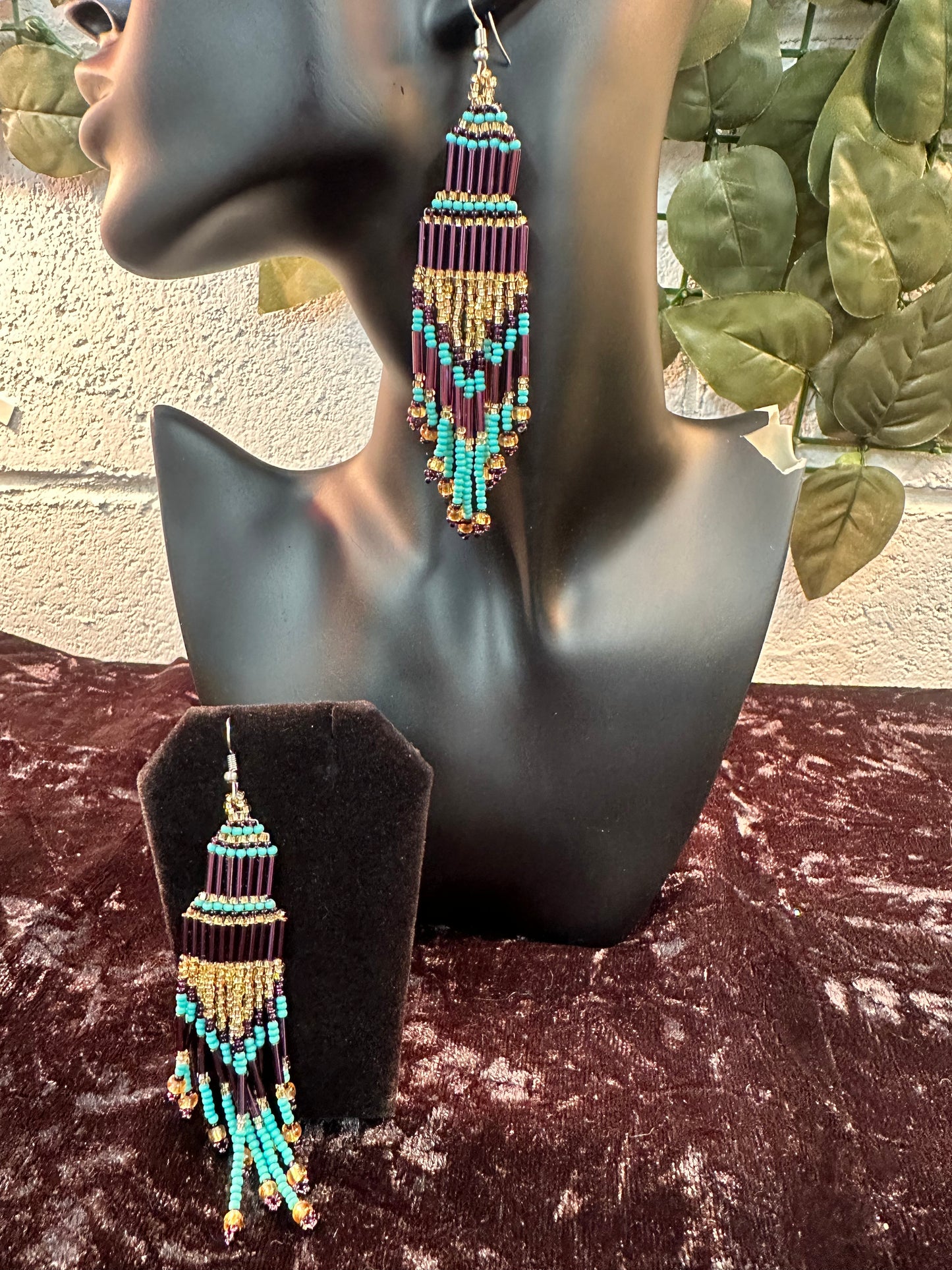 Long purple beaded earrings