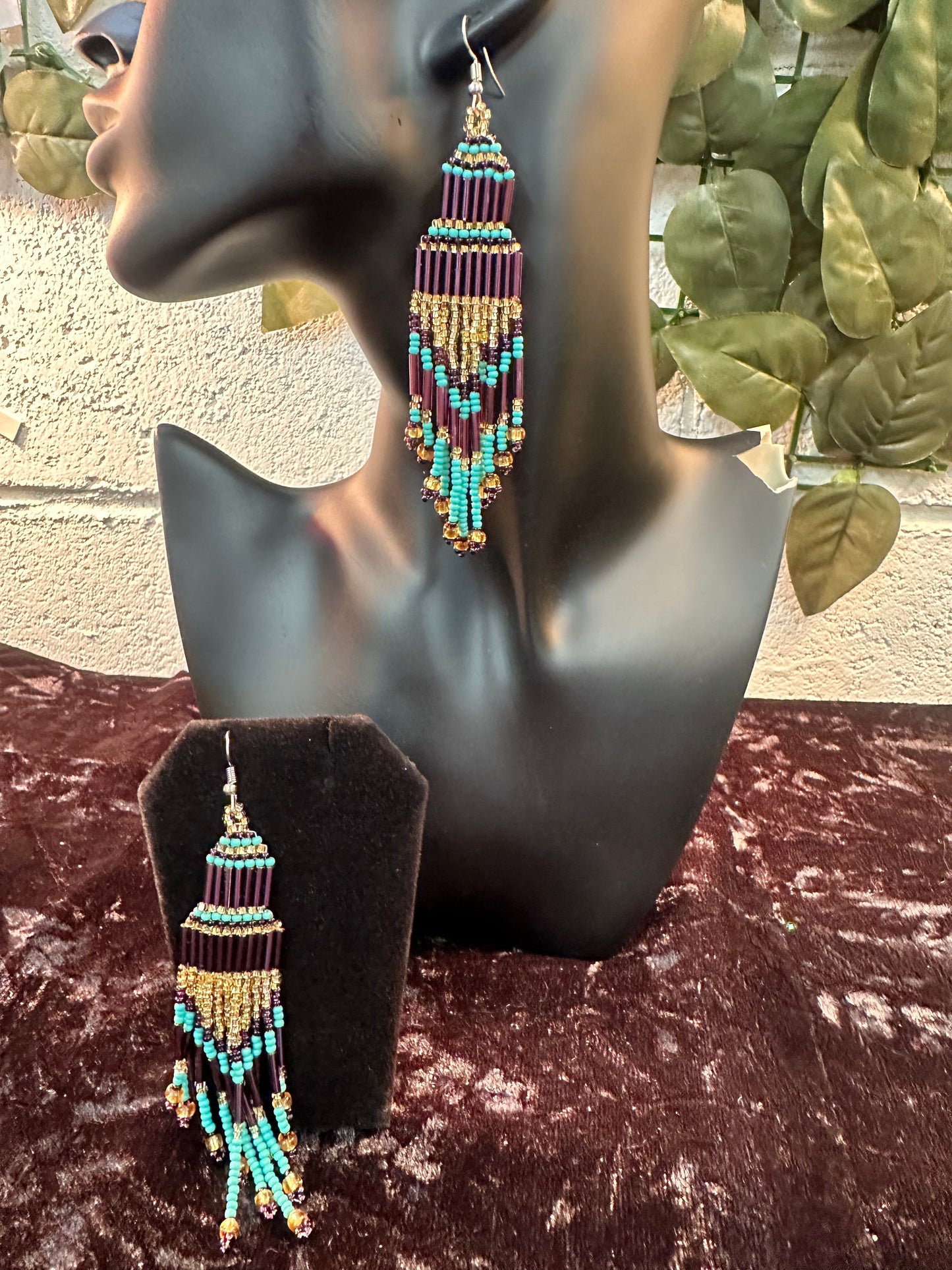 Long purple beaded earrings